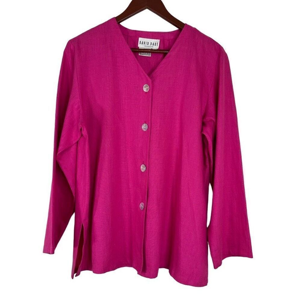 Vintage David Dart 100% Linen Pink Button Front Top Women Oversized XS Boho Glam